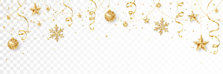Holiday decoration, Christmas gold glitter frame. Festive vector background isolated on white. Golden ornaments, garland with stars and snowflakes. For Christmas and New Year banners, headers.