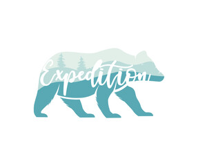Silhouette of bear with panorama of mountains logo design. Brown bear Bear grizzly silhouette. Tourism, adventure, great outdoor, expedition, camping, climbing, hiking vector design and illustration.
