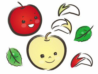 かわいいリンゴのキャラクターと葉とうさぎリンゴのイラスト素材セット