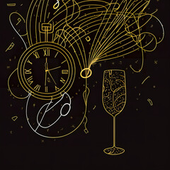 illustration of a wine and symbols, celebration, New Year, gold line on black background