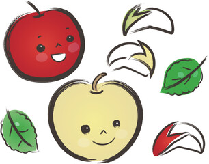 かわいいリンゴのキャラクターと葉とうさぎリンゴのイラスト素材セット