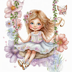 Obraz na płótnie Canvas An adorable, beautiful cute princess, sitting on a swing, smiling, flowers, watercolor, portrait, pink, doll like, AI concept generated finalized in Photoshop by me