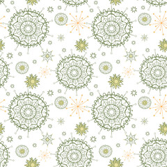 Cute christmas  seamless pattern with snowflakes. Elegant repeat vector New Year background. Vintage style. White, green, gold color. Suitable for packaging, wallpaper  web-design, graphic design