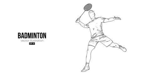 Abstract silhouette of a badminton player on white background. The badminton player man hits the shuttlecock. Vector illustration