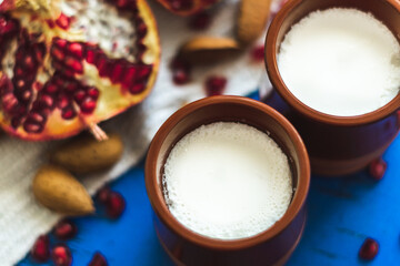 Top view, natural curd on ceramic jars.