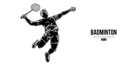 Fototapeta na wymiar Abstract silhouette of a badminton player on white background. The badminton player man hits the shuttlecock. Vector illustration