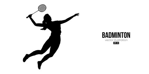 Fototapeta na wymiar Abstract silhouette of a badminton player on white background. The badminton player woman hits the shuttlecock. Vector illustration