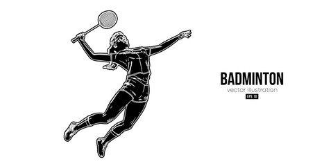 Abstract silhouette of a badminton player on white background. The badminton player woman hits the shuttlecock. Vector illustration