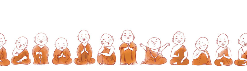 Seamless pattern with cute cartoon buddhist monks. Can be used for wallpaper, pattern fills, textile, web page background, surface textures. - obrazy, fototapety, plakaty