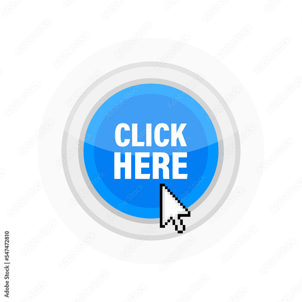 Aufkleber icon with click here 3d button on white background for web marketing design. flat deign. social medi