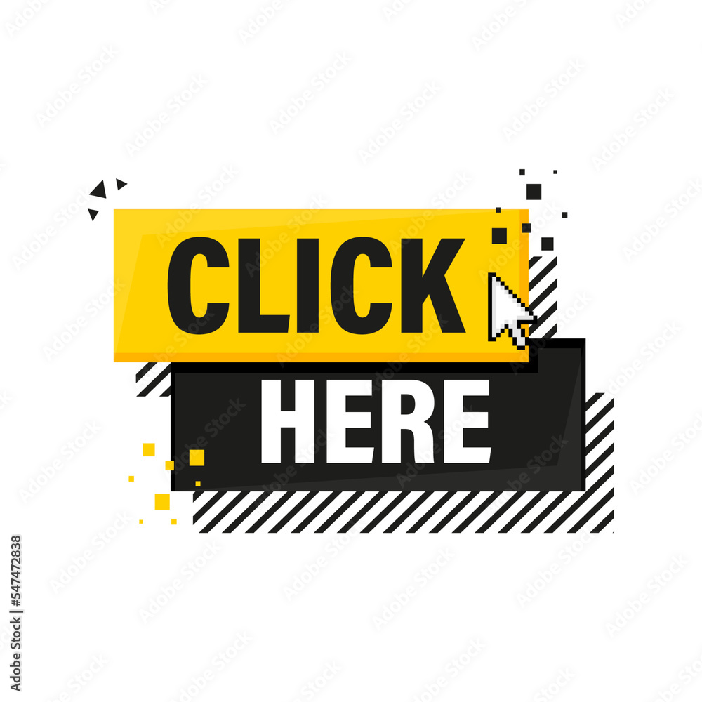 Aufkleber icon with click here 3d button on white background for web marketing design. flat deign. social medi