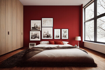 Red and white winter bedroom, interior design, digital art