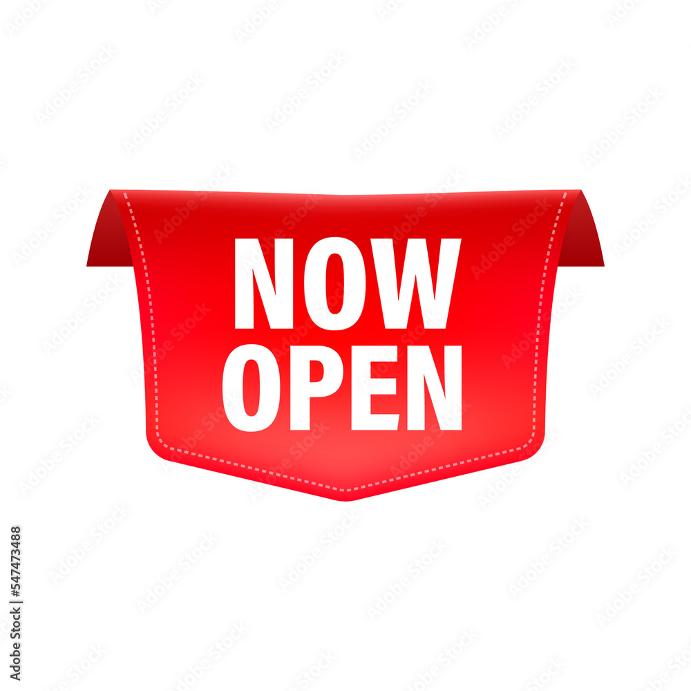 Poster vector now open red banner. label with text in flat style. vector illustration.