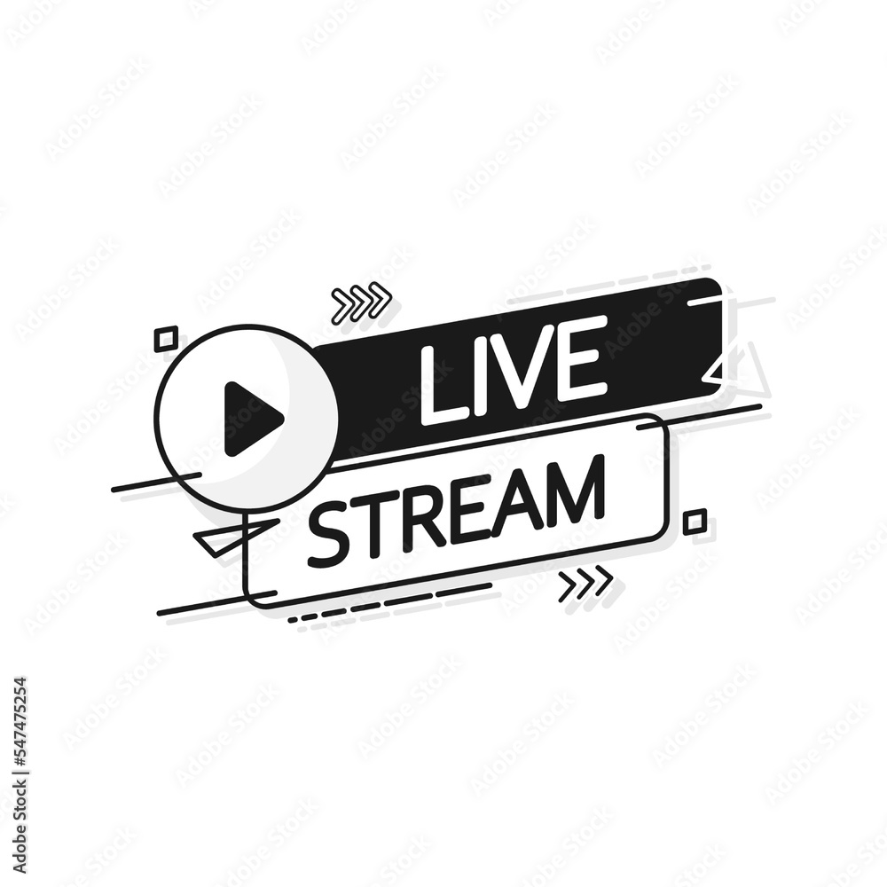 Poster live stream logo - red vector design element with play button for news and tv or online broadcasting