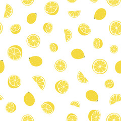 Seamless pattern from fresh whole, halves lemons. Citrus vitamin juicy fruits. Bright, colorful flat vector illustration for textiles, clothes, wrapping and wall paper isolated on white background
