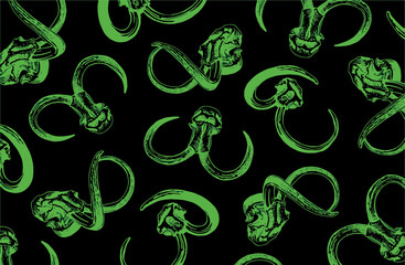 Graphical pattern with green skull of mammoth on black background. Vector wallpaper paleontology