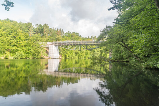 Bridge over Radunia river in Rutki during renovation.