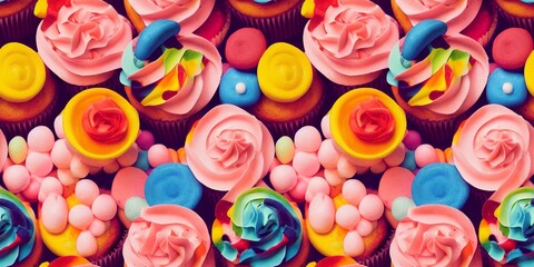 Fototapeta na wymiar Seamless pattern of bright colored cupcakes and cakes, appetizing background with sweets