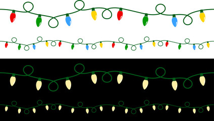 Vector Illustration of a curly string of Christmas lights; one colorful string on white, and one off-white string on black. Strings can be joined end to end seamlessly to make longer strings.