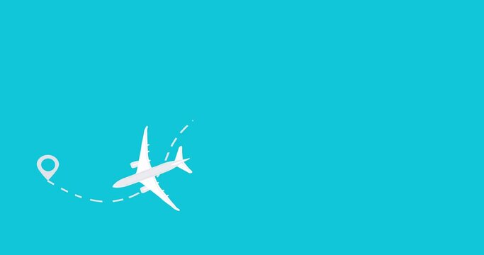 Animated plane flies along a trajectory. Concept of airplane travel. Airplane flies from one place to another.
