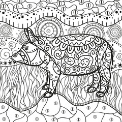 Abstract eastern pattern. Ornate square wallpaper with pig. Hand drawn waved ornaments on white. Intricate patterns on isolated background. Design for spiritual relaxation for adults. Line art