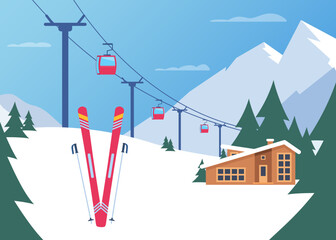 Obraz premium Ski resort. Winter mountain landscape with lodge, ski lift. Winter sports vacation banner. Vector illustration.
