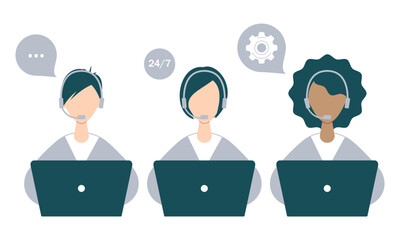 Customer service workers with headsets and laptops service or consult customers on computers.Hotline operators work 24/7, global online technical support, Call center, call processing system. Vector