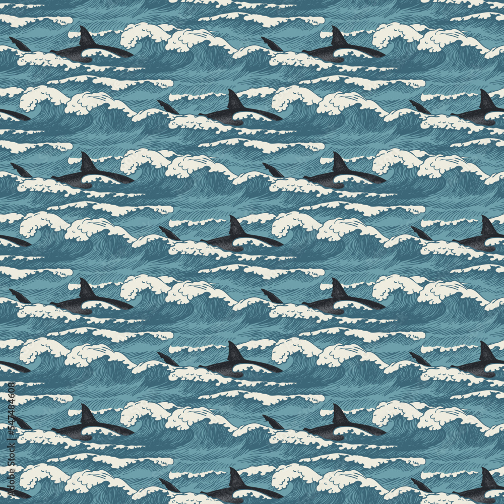 Poster vector seamless pattern with hand-drawn waves and sharks in retro style. decorative repeating illust