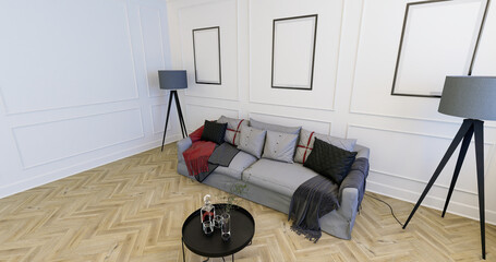 Wnętrze zaprojektowane w stylu klasycznym. Miękka sofa i ozdobne lampy. Render 3d