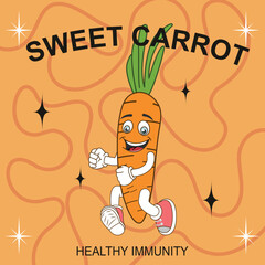 Poster cartoon character funny sweet carrot. Retro flat style.