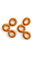 Symbol quote bagel. Bagels font. Alphabet from set of small dry bagels isolated on white background. ABC symbols.