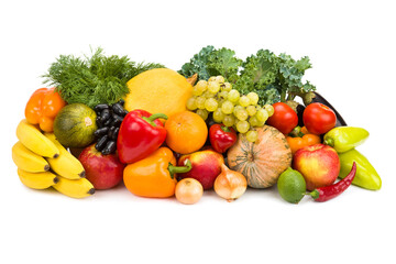 Warious vegetables and fruits isolated on white .