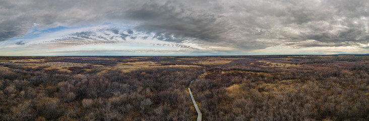 Panorama of a dry marsh land setting with a wooden boardwalk under a sky with interesting white and gray clouds.
