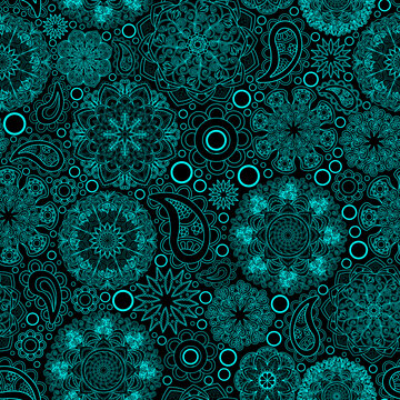Blue, boho style ornamental pattern, mandala patterns, black background. Seamless floral pattern, hand drawn, vector.