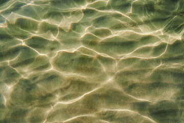 Wet sand bottom of the river through transparent green water