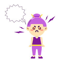 Angry chibi girl and speech bubble. Kawaii character with fire in the eyes get angry. Colorful vector illustration isolated.