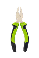 Green pliers isolated on white background. Top view. Tool.