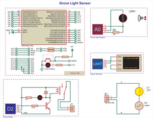 Vector schematic diagram of an electronic device on the arduino.
Grove light sensor, terminal and relay.
Connecting the lamp to a source of alternating sinusoidal voltage.