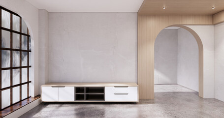 Wooden cabinet in Muji empty room, Japandi minimal designs. 3D rendering