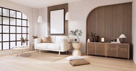 Muji sofa and decoration wabisabi on japandi room interior .3D rendering
