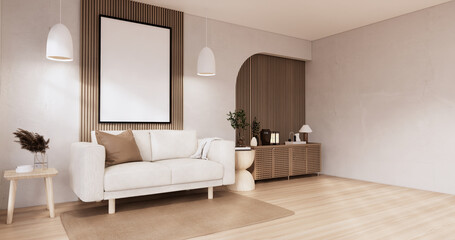 Fototapeta na wymiar Muji sofa and decoration wabisabi on japandi room interior .3D rendering