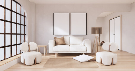 Muji sofa and decoration wabisabi on japandi room interior .3D rendering