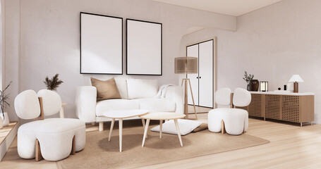 Muji sofa and decoration wabisabi on japandi room interior .3D rendering