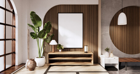 Wooden cabinet in Muji empty room, Japandi minimal designs. 3D rendering