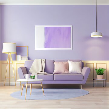 Living room design interior in very peri trend color 2022. Lavender wall and blue violet sofa. Mockup blank space. 3d rendering