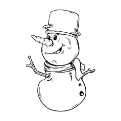  Snowman vector cartoon character. Cute festive winter, Christmas, holiday mascot. Isolated smiling snowman with scarf.