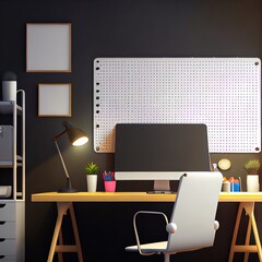 Modern loft home studio working space interior design with PC computer white screen mockup on wood table, pegboard on black wall, office chair and decor. 3d render, 3d illustration