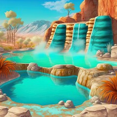 Fantasy landscape. Mineral thermal springs. Natural travertine pool with hot sea water, beautiful scenery. 3D illustration.