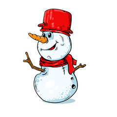  Snowman vector cartoon character. Cute festive winter, Christmas, holiday mascot. Isolated smiling snowman with scarf.