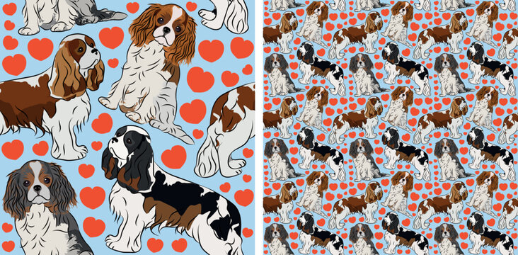 Pattern design with hearts, Cavalier King Charles Spaniel dogs doodles, and seamless pattern. T-shirt, wallpaper, wrapping paper, blue background graphic design with hearts. Valentine's Day.